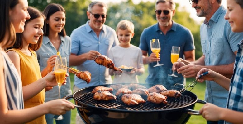 A family samles omkring en sydende grill duften af marineret kylling fylder luften mens de nyder en sommergrill