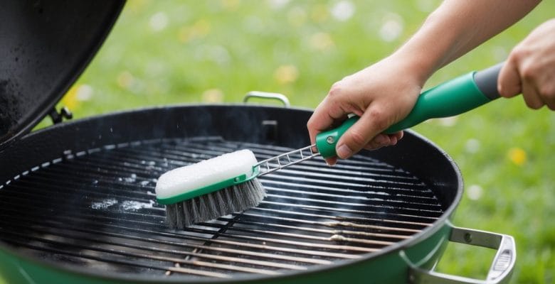 A person skrubber en grill med en stålbørste og sæbevand fjerner forkullet rester og fedt