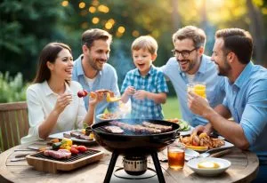 En familie nyder en hurtig og nem grill med en række praktiske grillprodukter